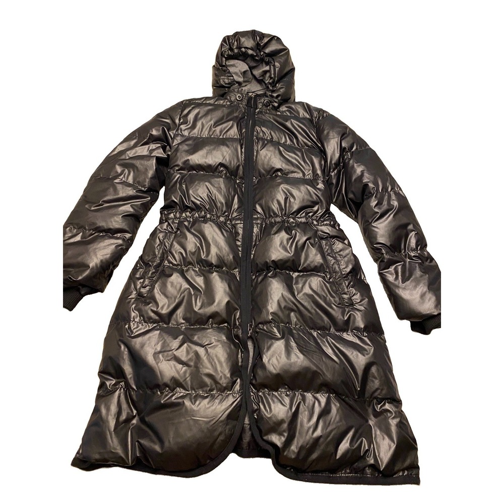 Banana Republic Womens Down Puffer Coat Size L Black Long Hooded Shine Parka
